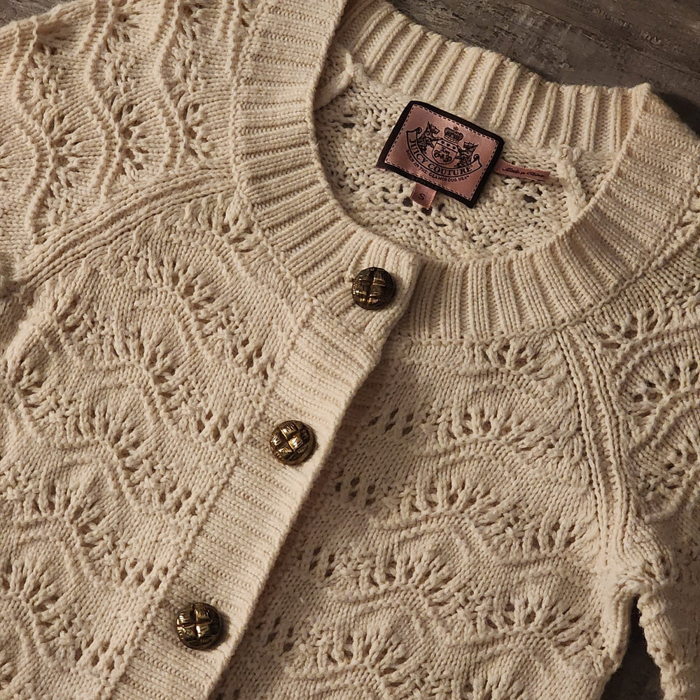 Juicy Couture Y2k Cashmere Angora Wool Cream Knit Cardigan Belted Button Pockets View 5